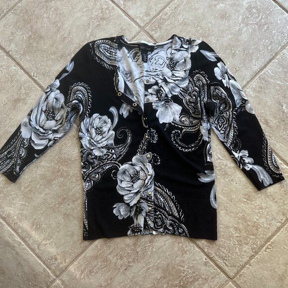WHITE HOUSE BLACK MARKET FLORAL CARDIGAN W/RHINESTONES:PREOWNED SMALL - Picture 2 of 14
